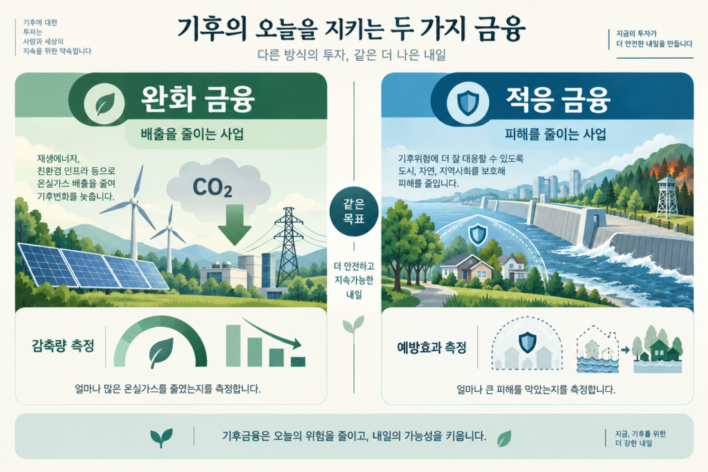 태양광 전력망의 감축량을 측정하는 완화 금융과 홍수 산불 해안방재의 예방효과를 측정하는 적응 금융 차이