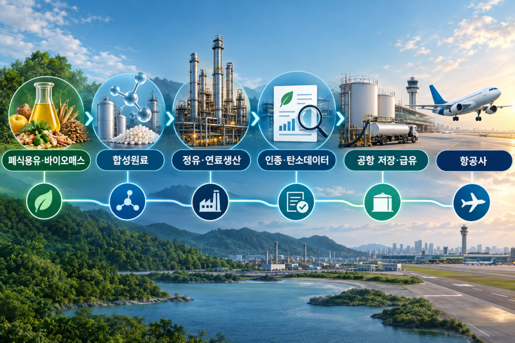 폐식용유 바이오매스 합성원료 정유 연료생산 인증 탄소데이터 공항 급유 항공사로 이어지는 SAF 산업 생태계