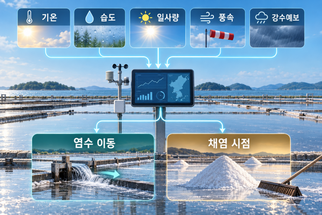 염전에서 기온 습도 일사량 풍속 강수예보를 확인해 염수 이동과 채염 시점을 판단하는 개념도