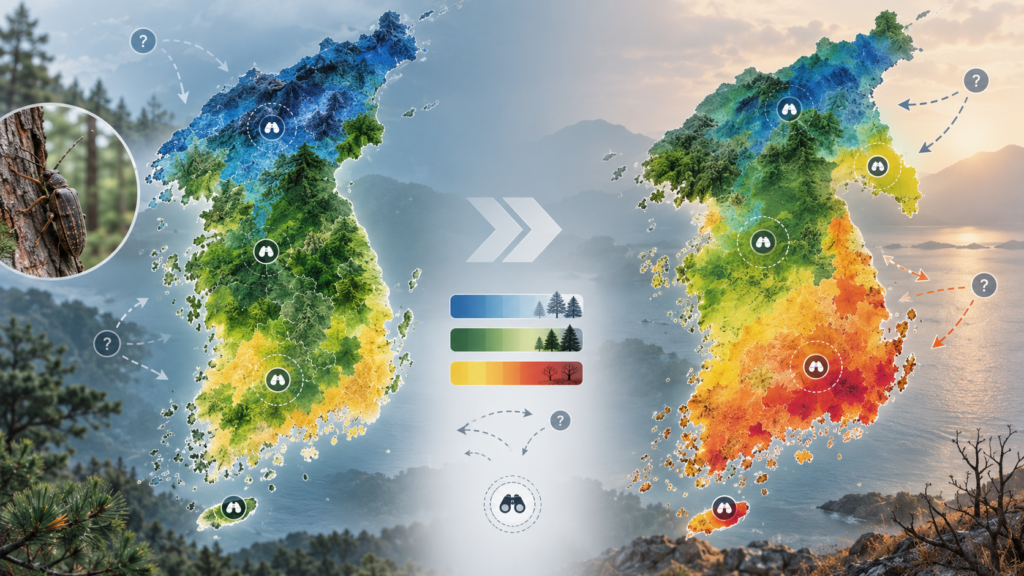 기후 조건 변화에 따라 확대 또는 축소될 수 있는 산림해충 적합지역 개념도